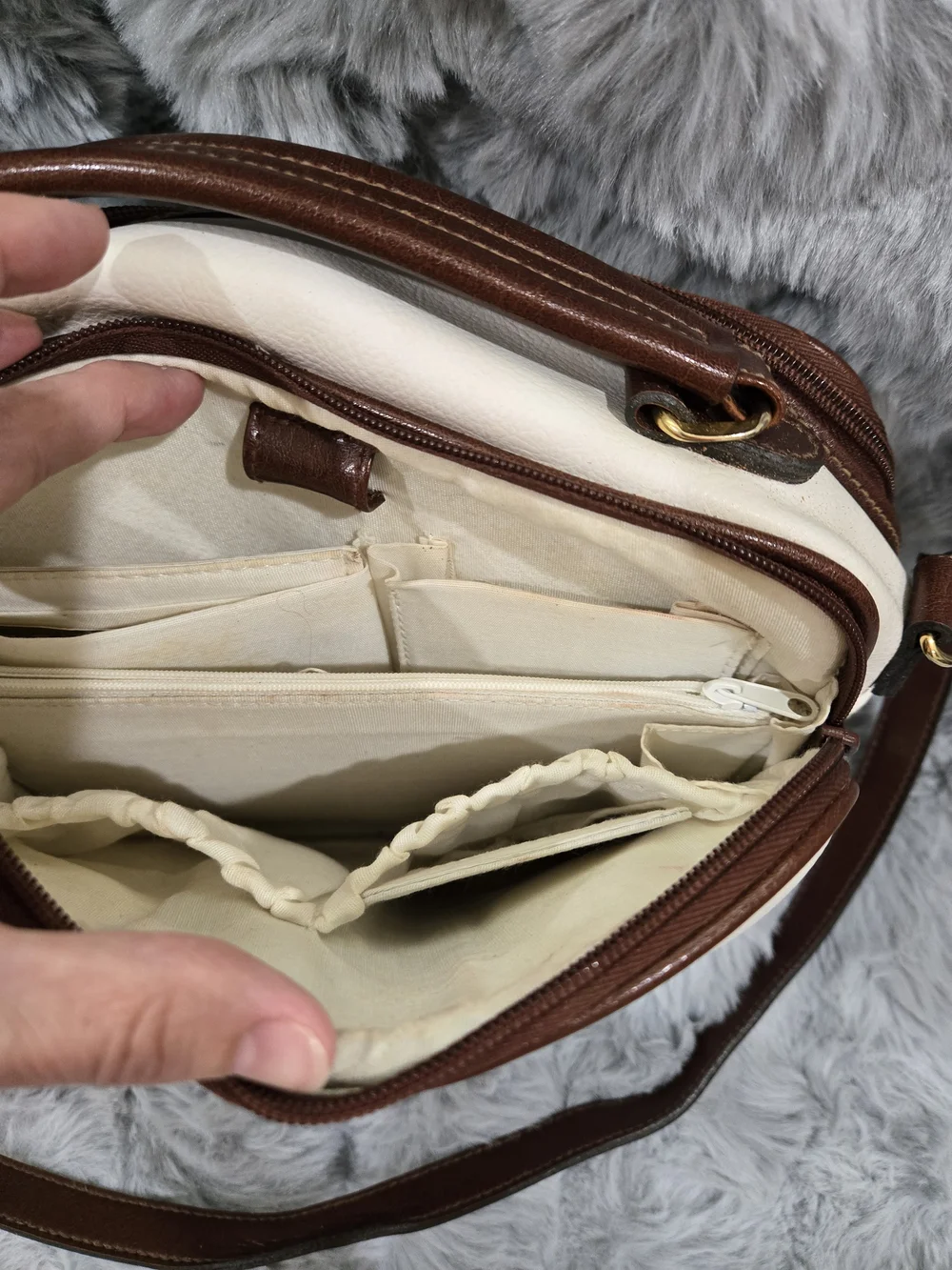White and Brown Crossbody Bag - Classic Leather Trim